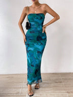 Blue printed strapless fitted dress, front view