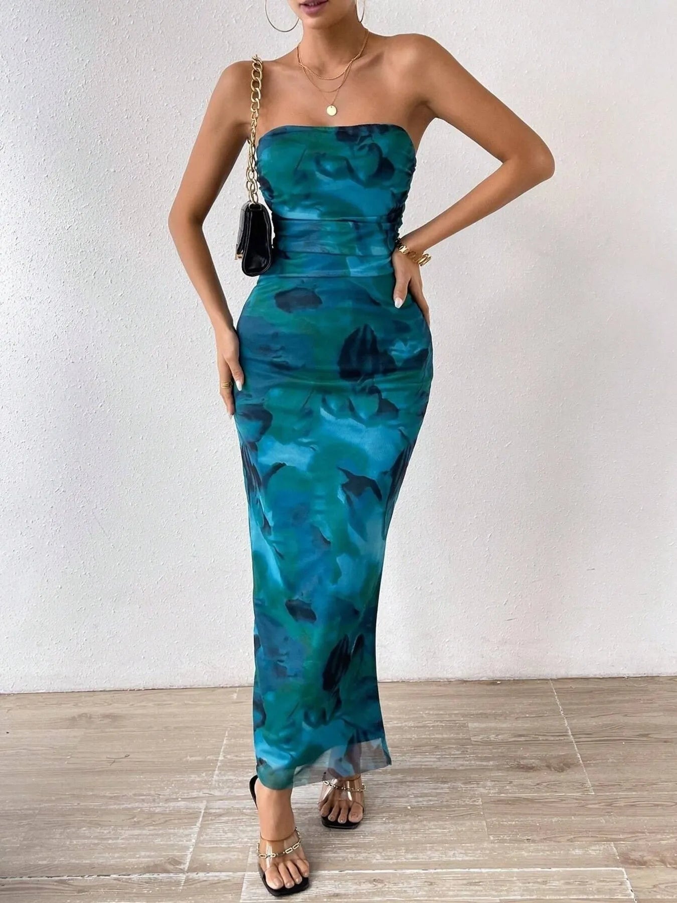 Camel printed strapless side-slit maxi dress