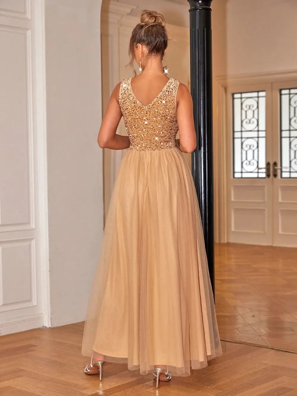 Sequin sleeveless maxi dress side view
