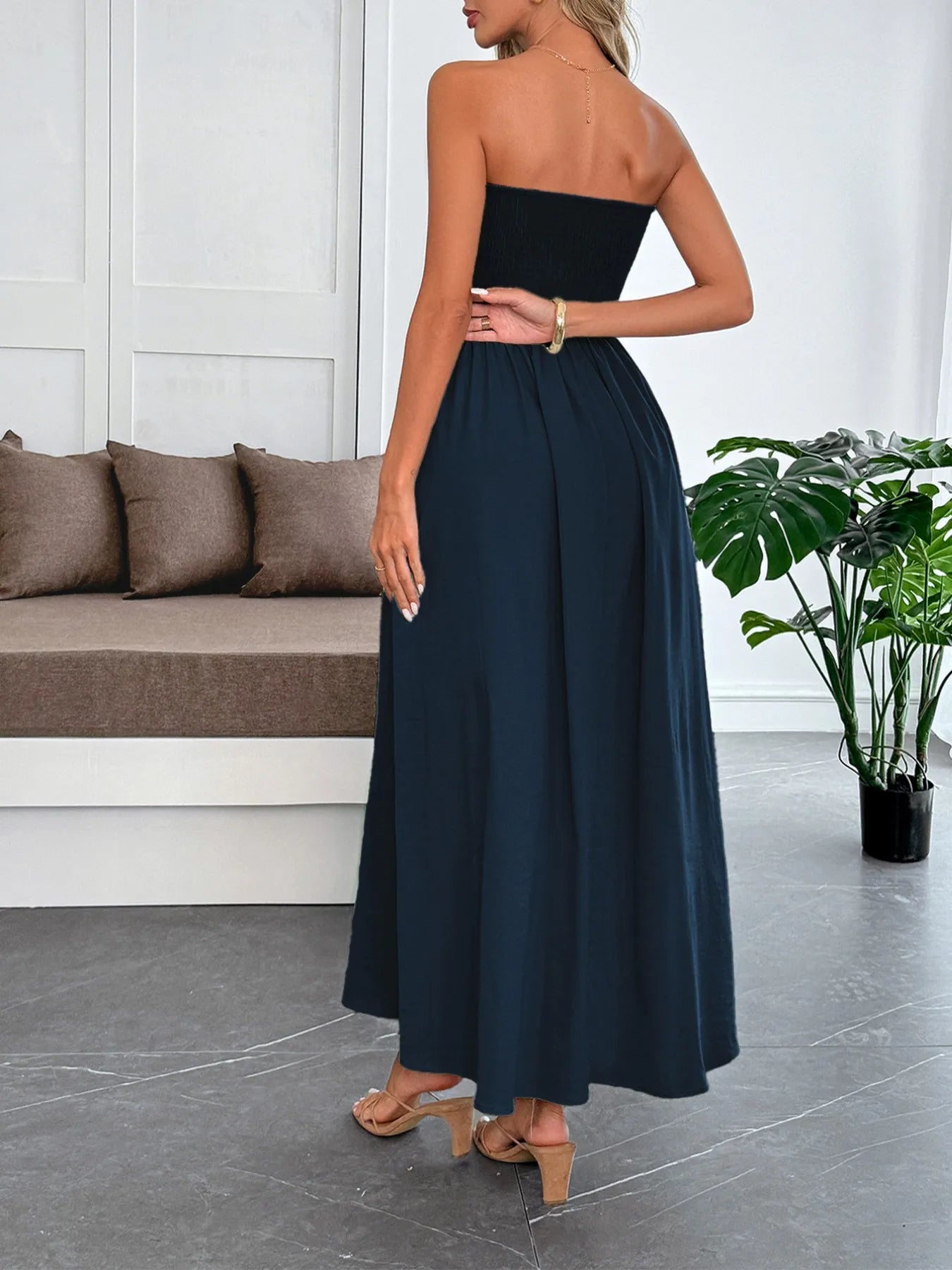 Strapless smocked maxi dress front view