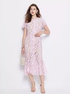 Pink short-sleeve lace mermaid midi dress, front view.