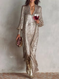 Sequin notched-neck lantern-sleeve maxi dress