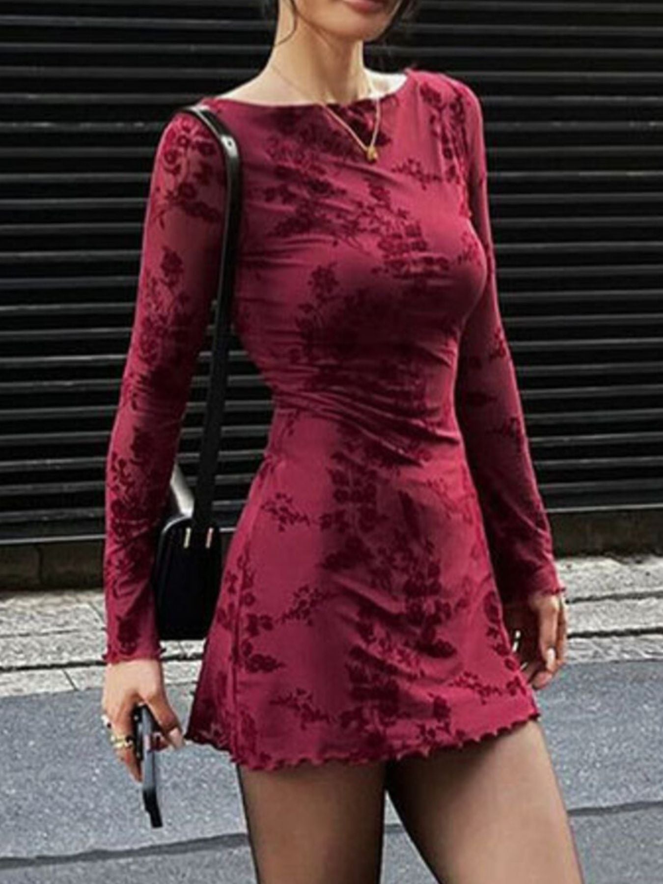Burgundy long-sleeve party mini dress