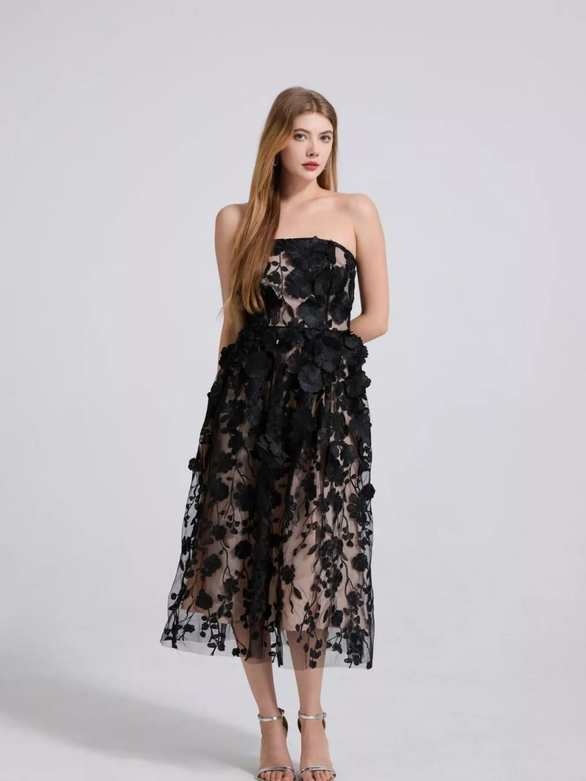 Strapless midi dress lace appliqué detail