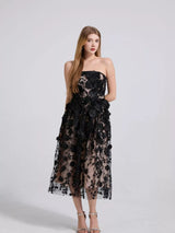 Strapless midi dress lace appliqué detail