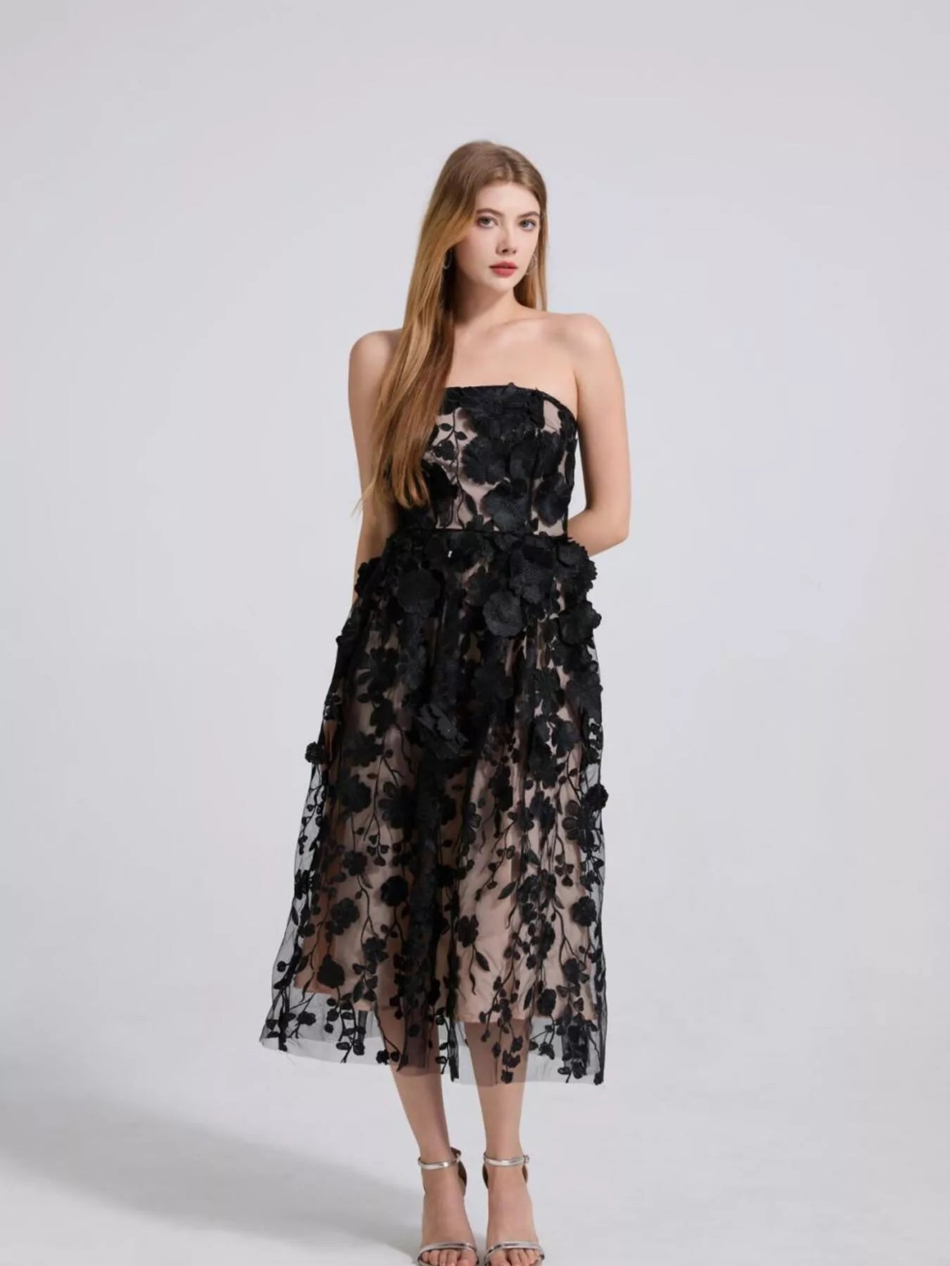 Strapless midi dress lace appliqué detail