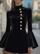 Black ruffled bell-sleeve mini dress, button detail.
