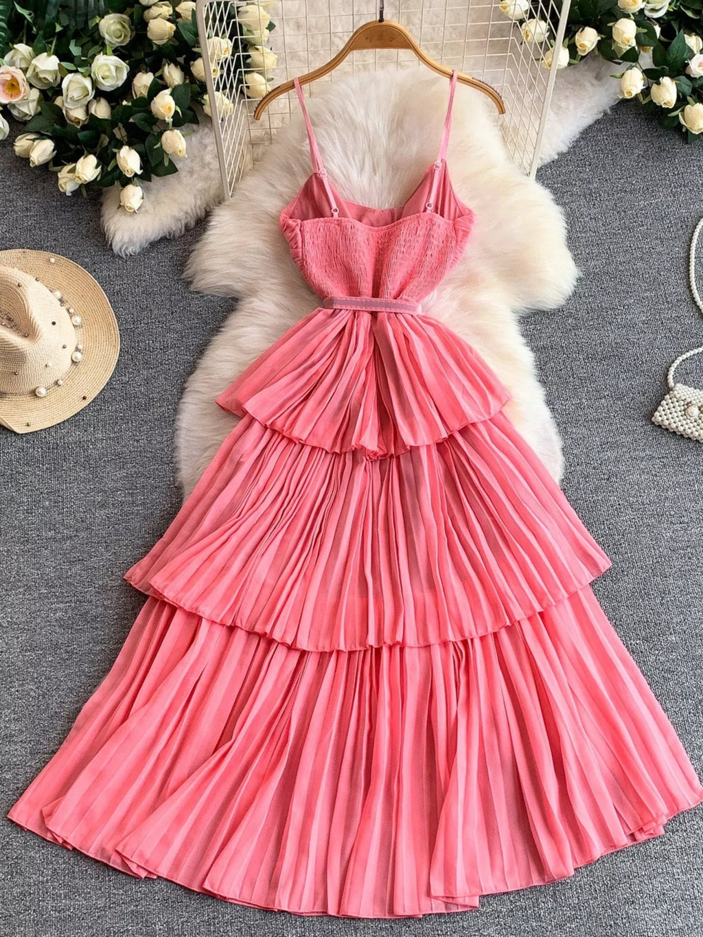 Spaghetti-strap midi dress with belt full-length view
