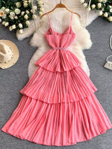 Spaghetti-strap midi dress with belt full-length view