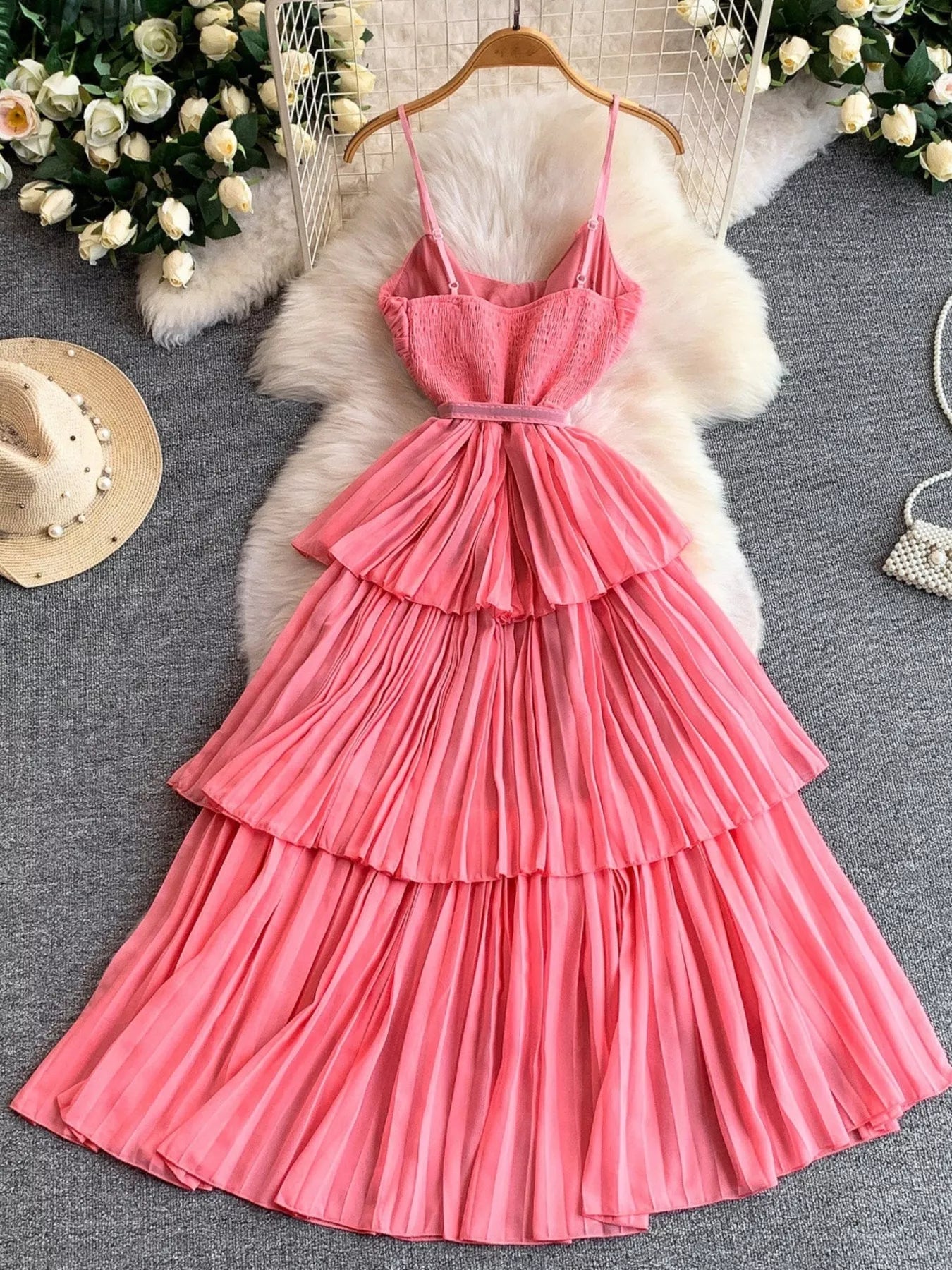 Spaghetti-strap midi dress with belt full-length view