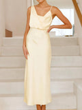 Satin asymmetrical midi dress front view