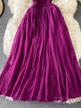 Purple ruffled mock-neck lace maxi dress, skirt detail.