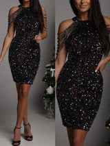 Black multicolor sequin fitted mini dress with draped shoulder strands, front view