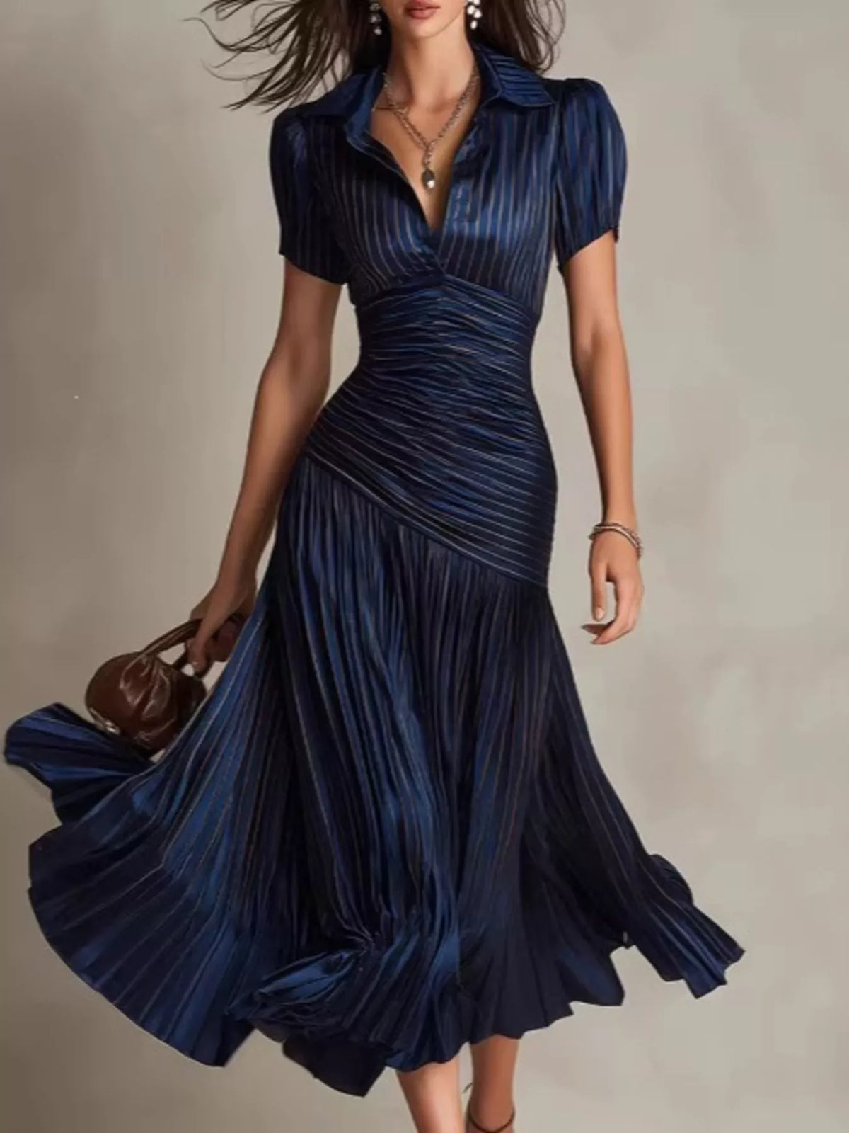Navy striped midi dress, front view.
