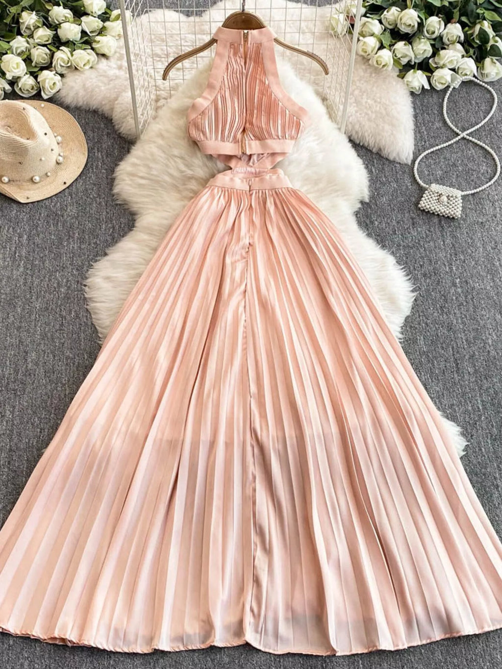 Watermelon Pink Halter Pleated Cutout Maxi Dress - product image 3