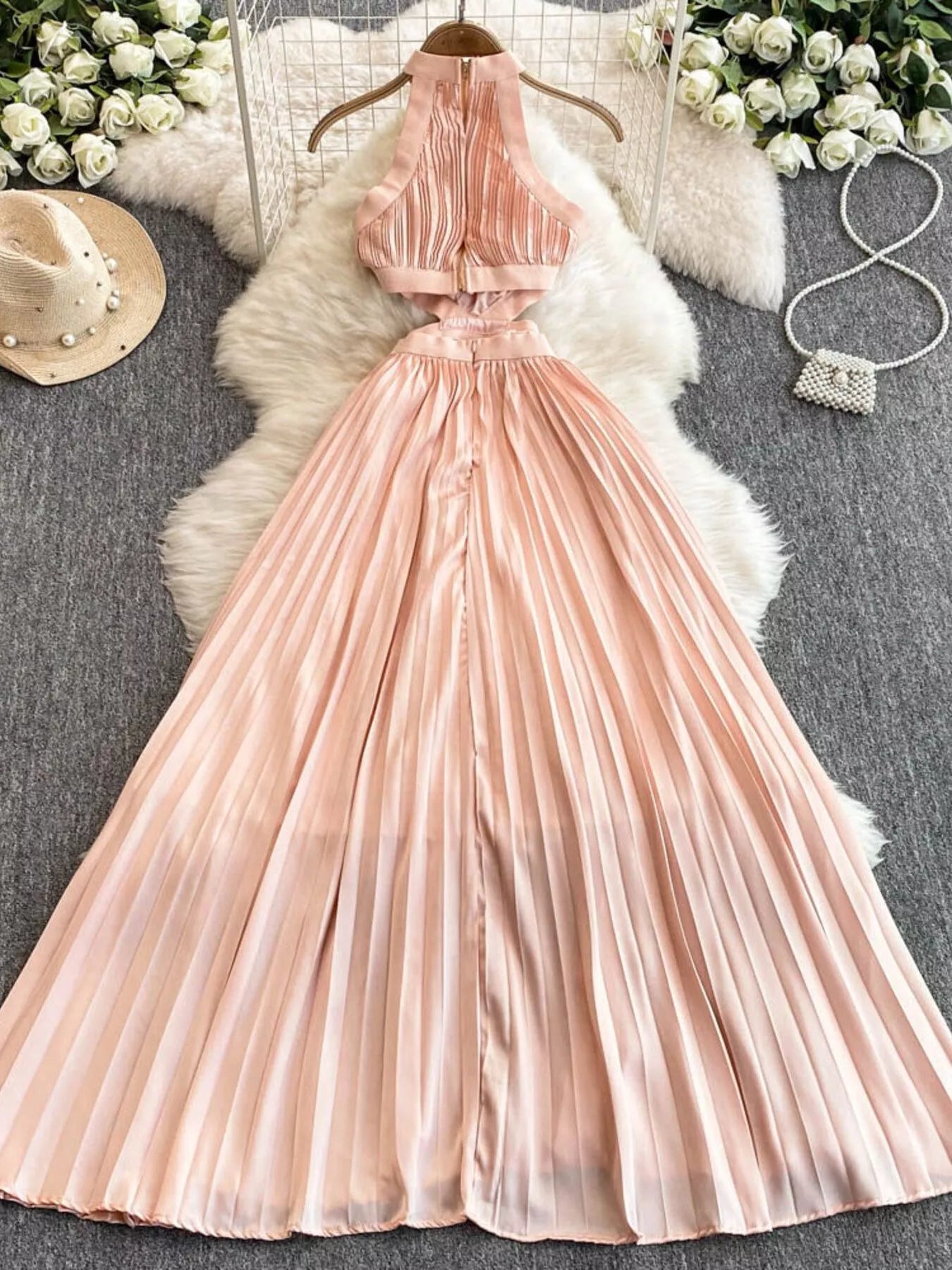 Watermelon Pink Halter Pleated Cutout Maxi Dress - product image 3