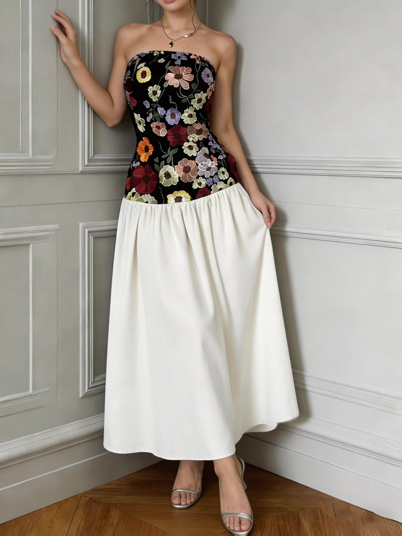Floral embroidered tube maxi dress front view