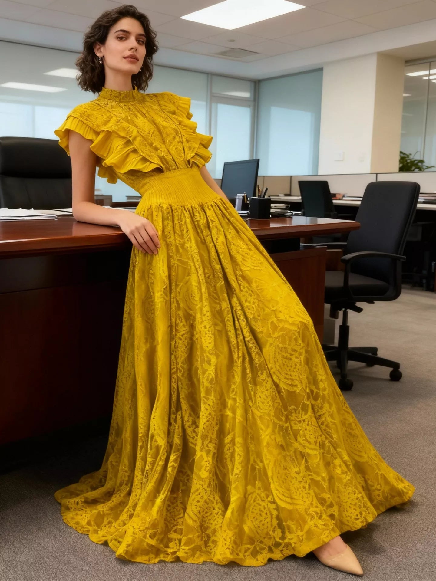 Ruffled mock neck lace maxi dress front view