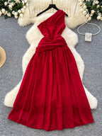 One-shoulder red floral dress full-length view