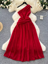 One-shoulder red floral dress full-length view