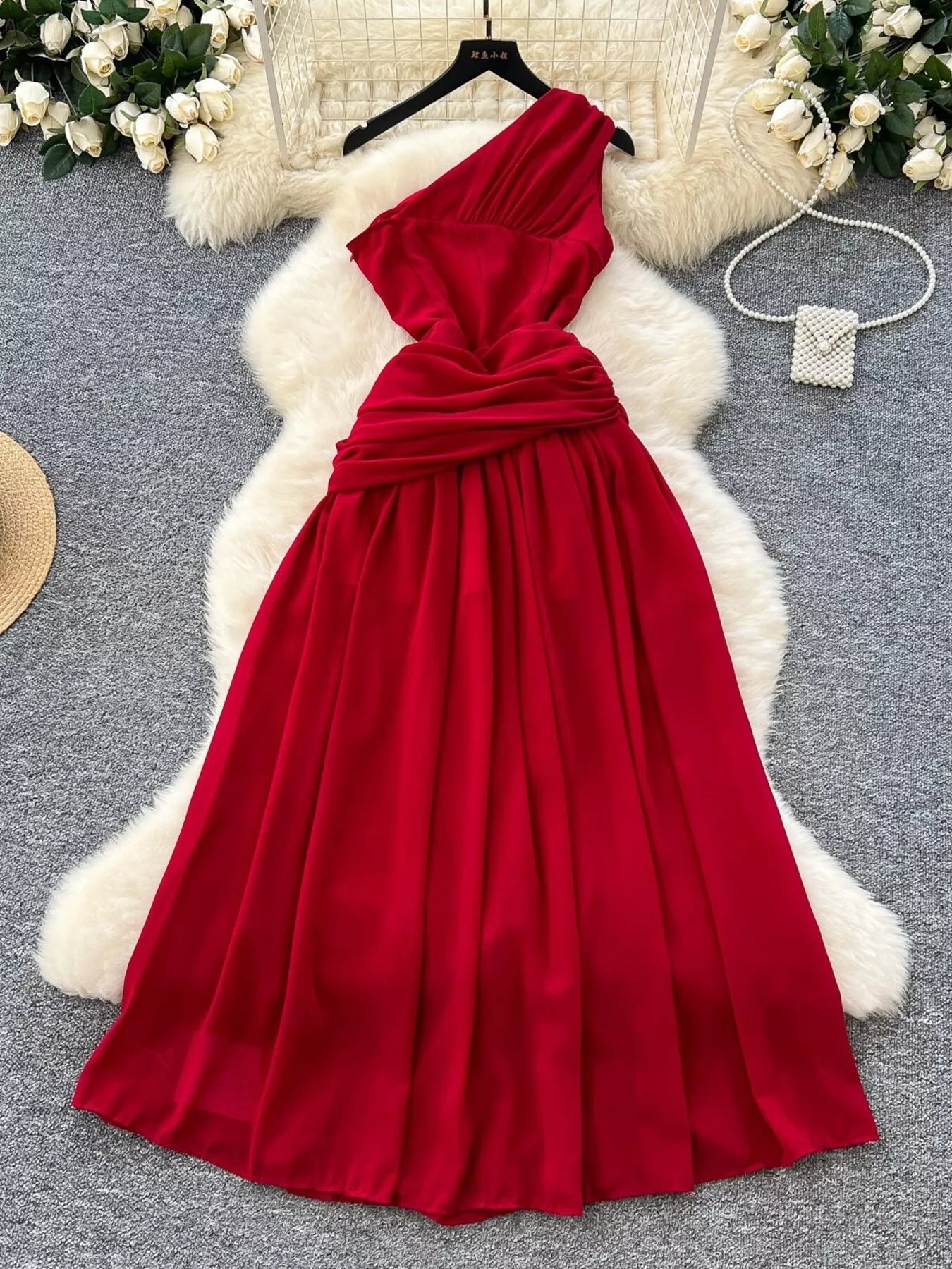 One-shoulder red floral dress full-length view