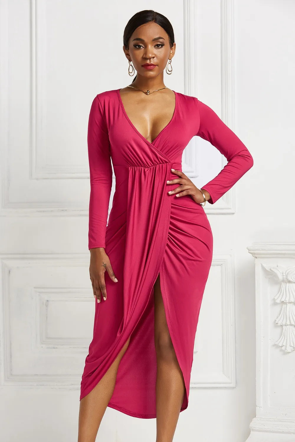 High-Low Ruched Surplice Long-Sleeve Dress - product image 3