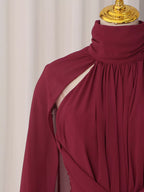 Burgundy ruched halter cape maxi dress, shoulder detail.
