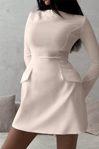 Ivory button-front long-sleeve mini dress, front view.