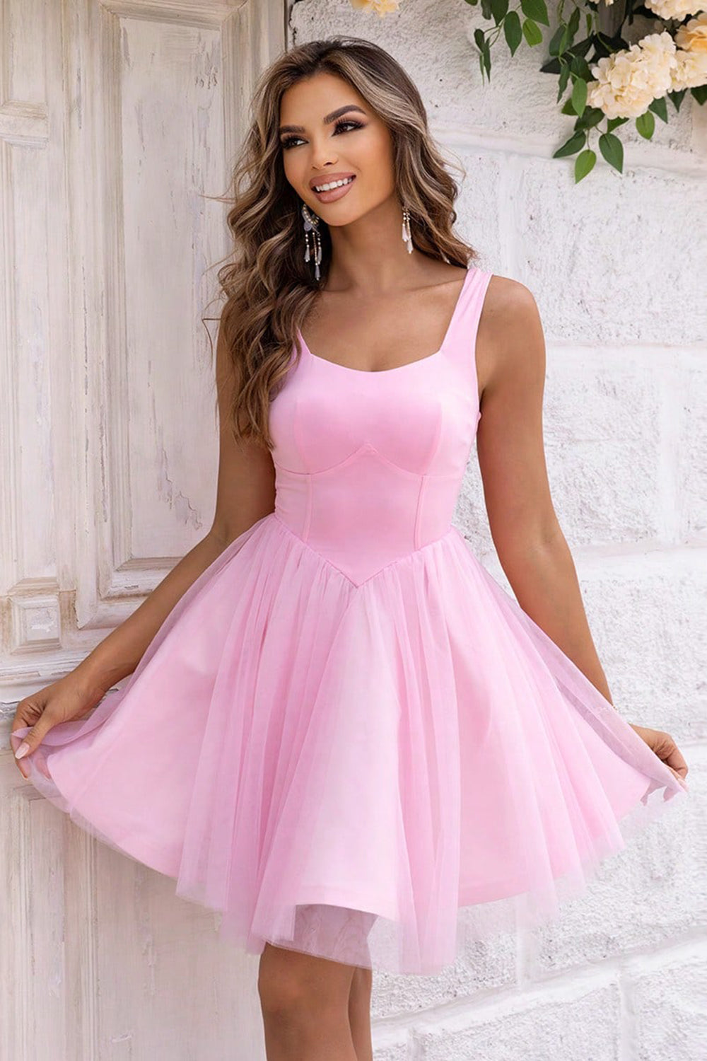 Blush pink wide-strap mesh mini dress front view