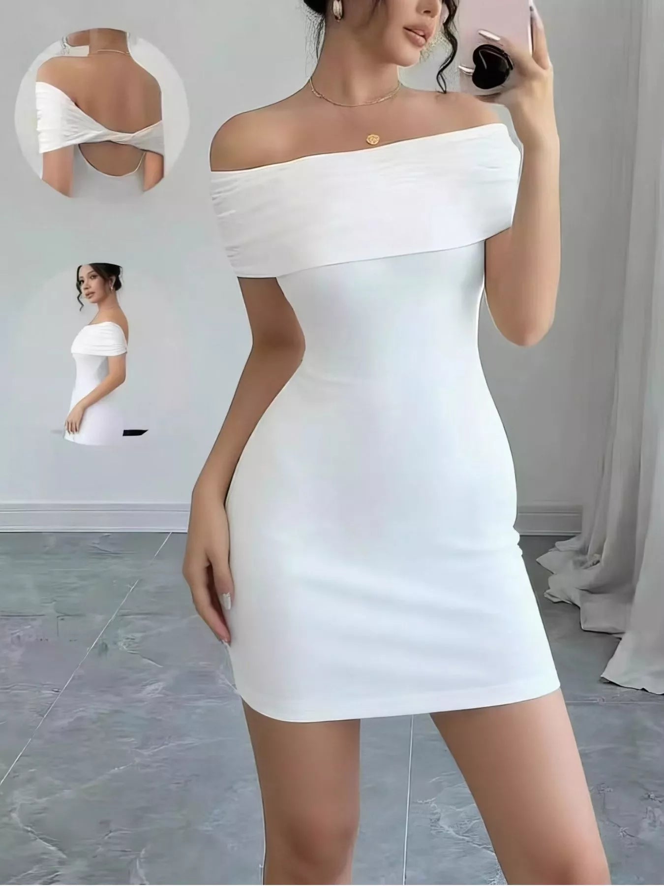 Off-shoulder backless bodycon mini dress front view