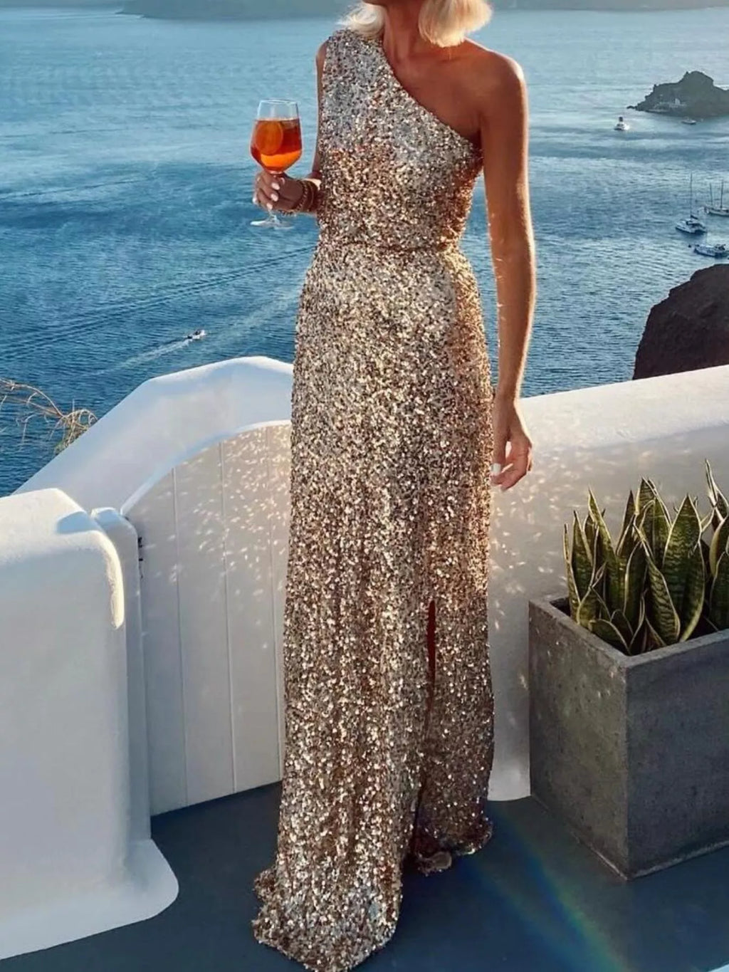 Beige Sequin One-Shoulder Slit Maxi Dress - product view 3