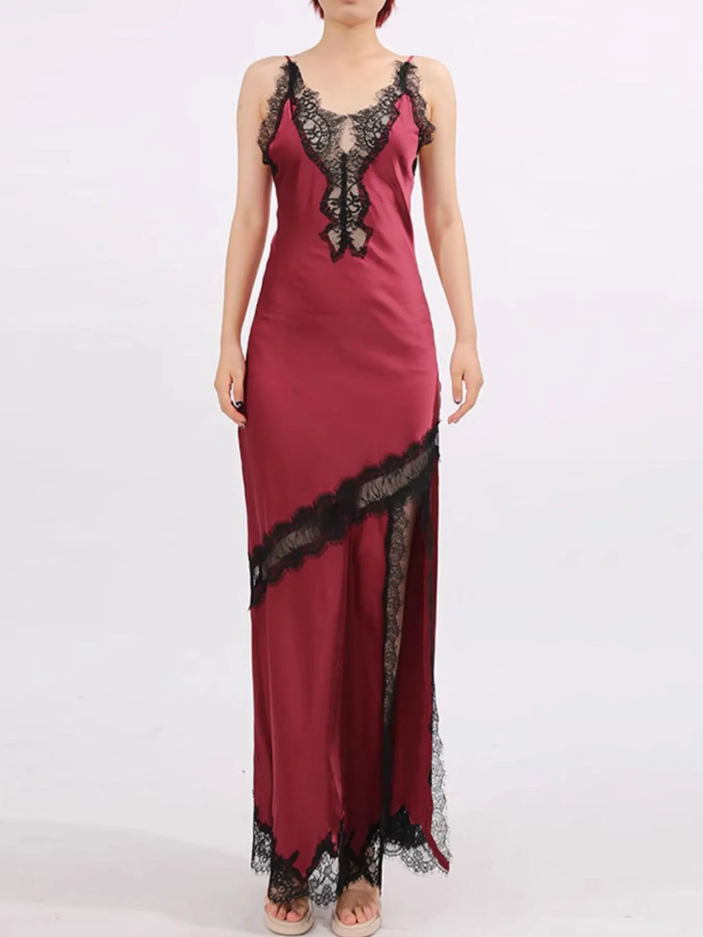 Burgundy lace-detail slit maxi dress back view