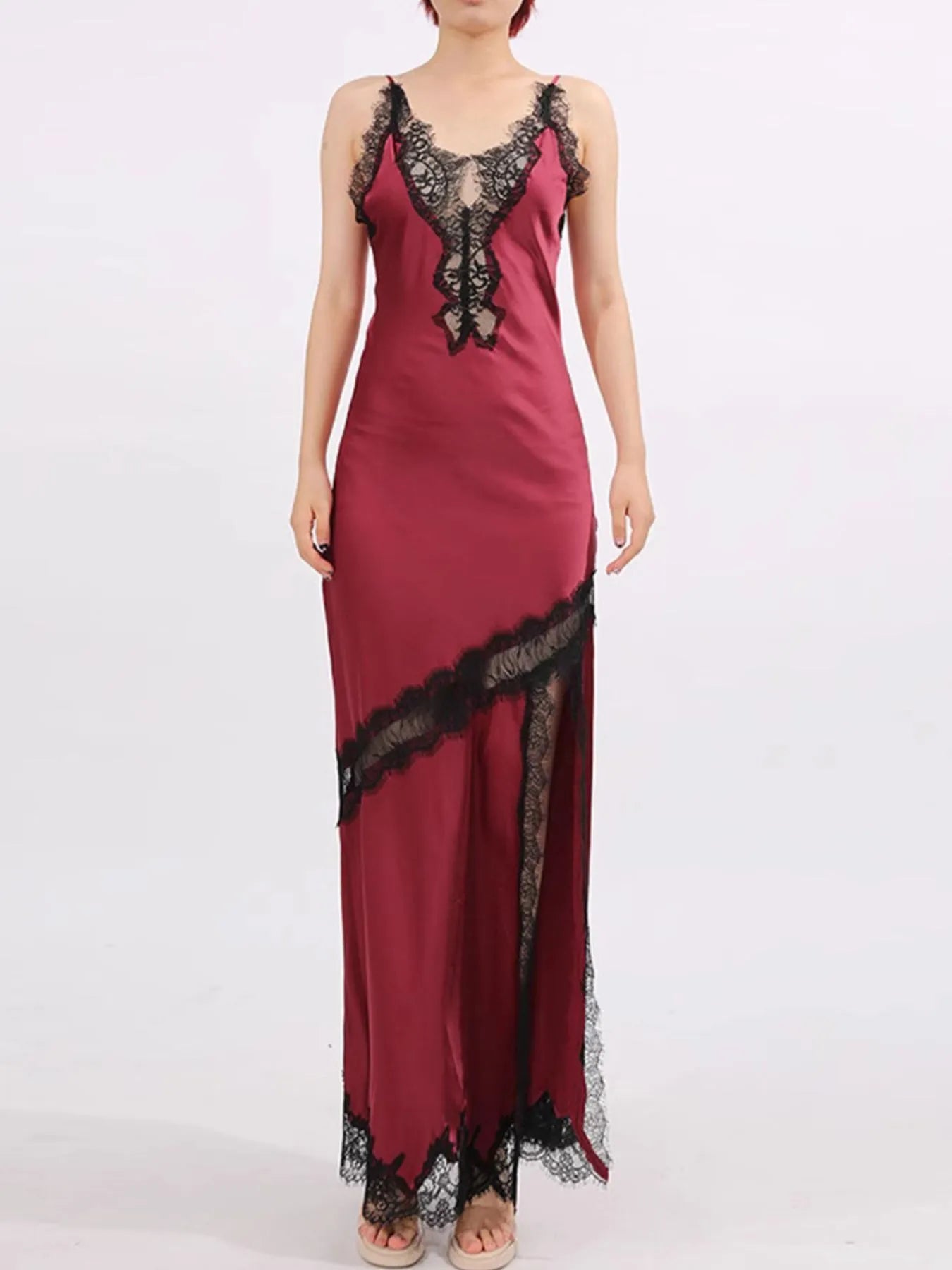 Burgundy lace-detail slit maxi dress back view