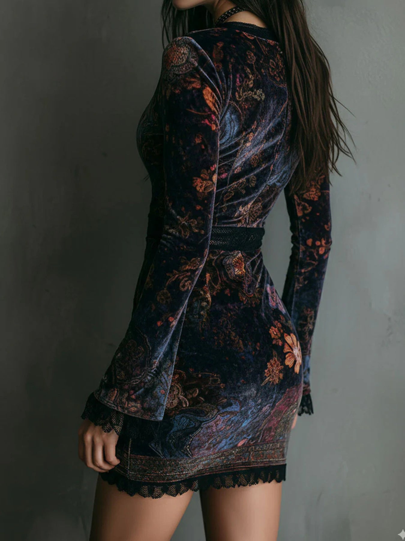Floral velvet mini dress side view