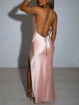 Blush-pink cowl-neck thin-strap dress with high slit, back view