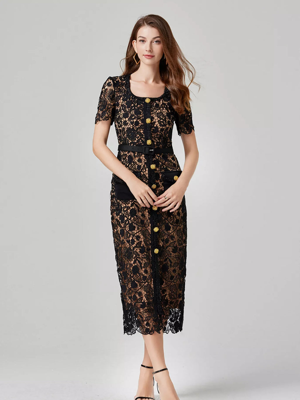 Lace Button-Up Midi Dress with Pockets - product view 3