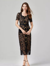 Lace Button-Up Midi Dress with Pockets - product view 3
