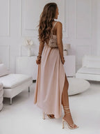 Tied-waist blush midi dress full look