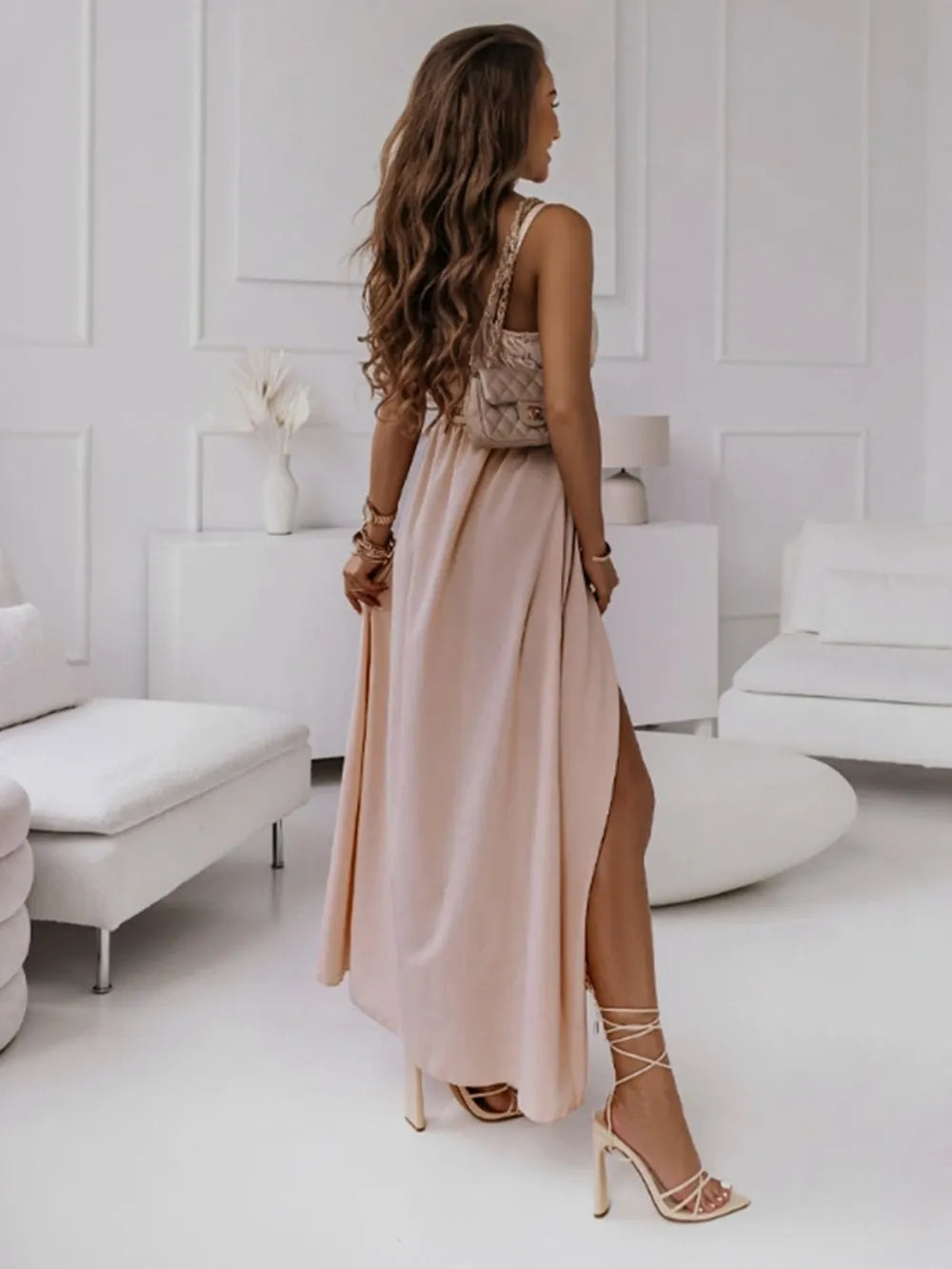 Tied-waist blush midi dress full look