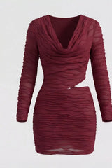 Burgundy ruched cowl-neck mini dress, front view.