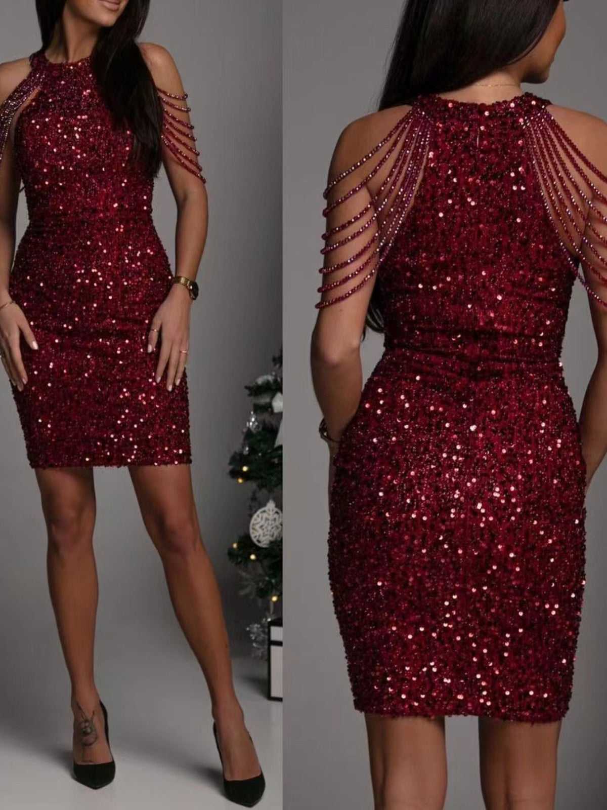 Burgundy sequin fitted mini dress with draped shoulder strands, back view