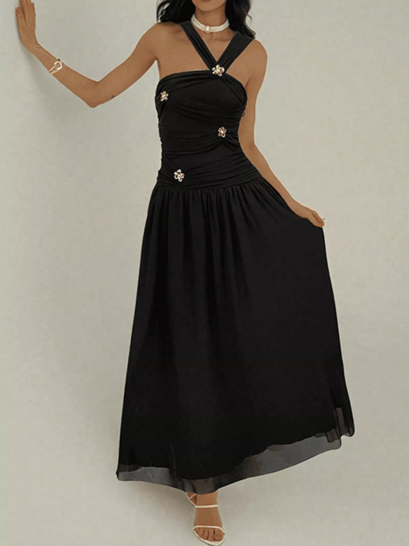 Black Ruched Sleeveless Embellished Maxi Dress - product view 1