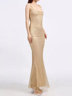 Gold sequin scoop neck maxi dress front view