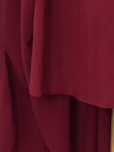 Burgundy ruched halter cape maxi dress, lining detail.