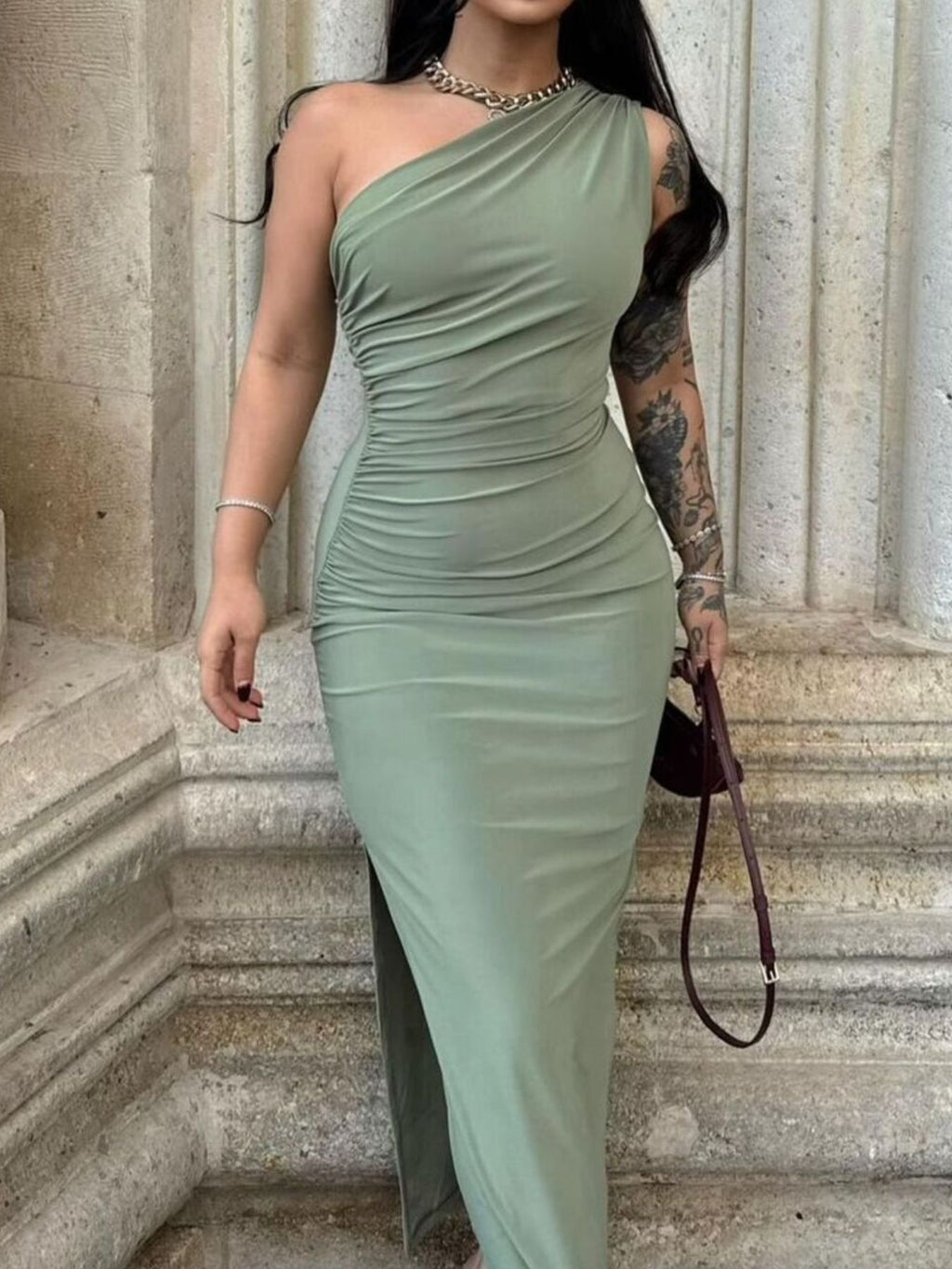 One-Shoulder Ruched Bodycon Slit Maxi Dress - product view 1