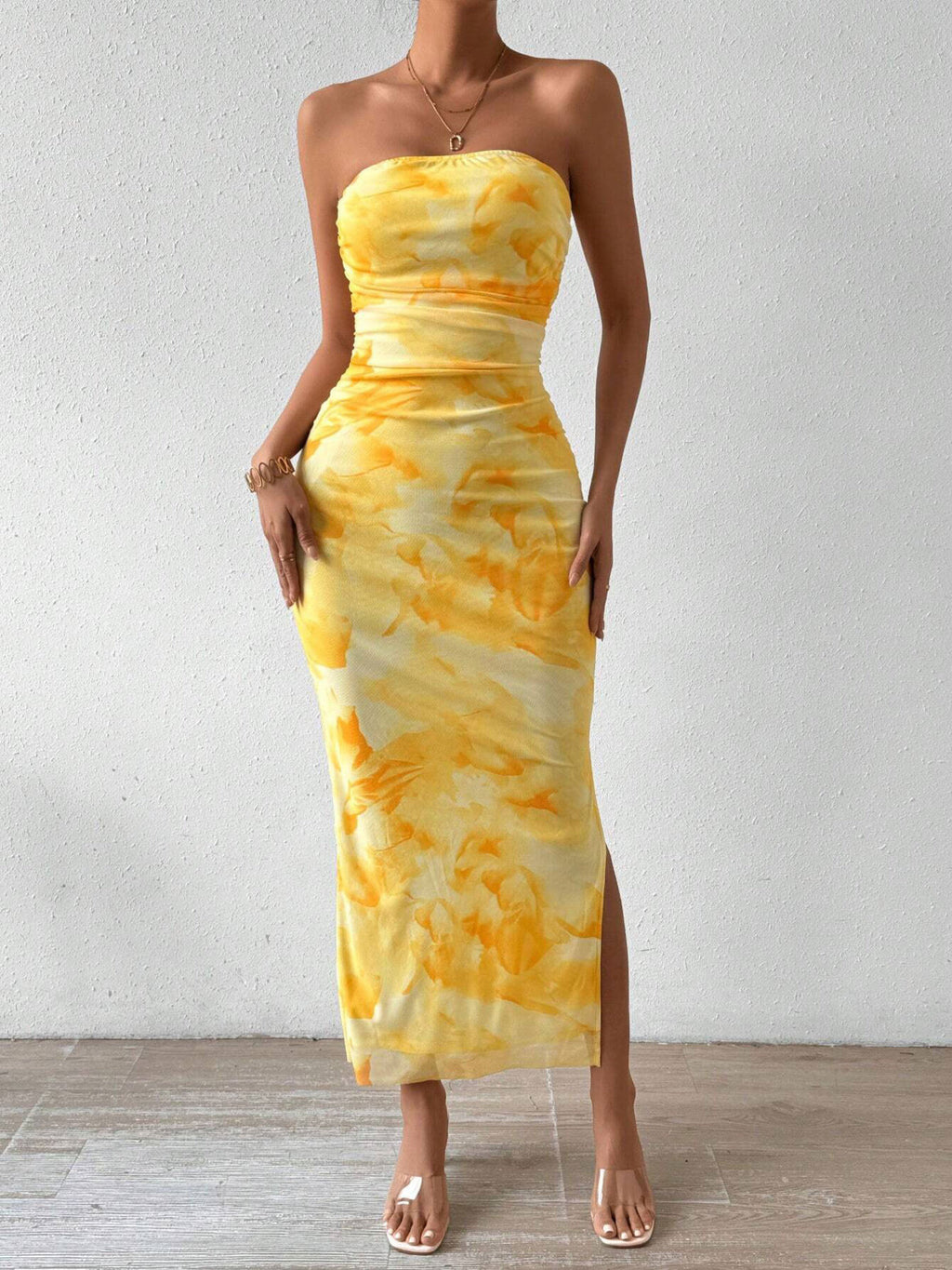 Yellow ruched strapless bodycon midi dress