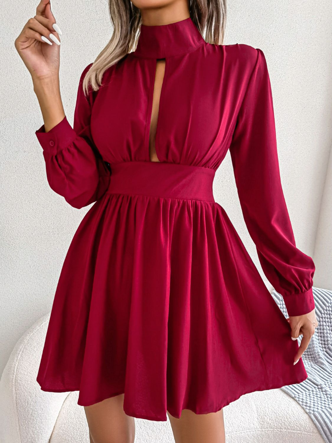 Cutout turtleneck mini dress front view