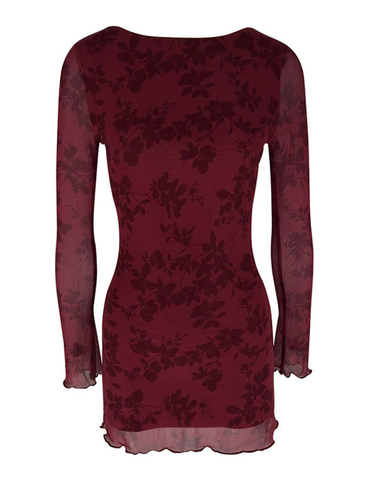 Burgundy floral long-sleeve mini dress, back view