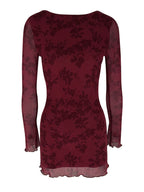 Burgundy floral long-sleeve mini dress, back view