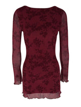 Burgundy floral long-sleeve mini dress, back view